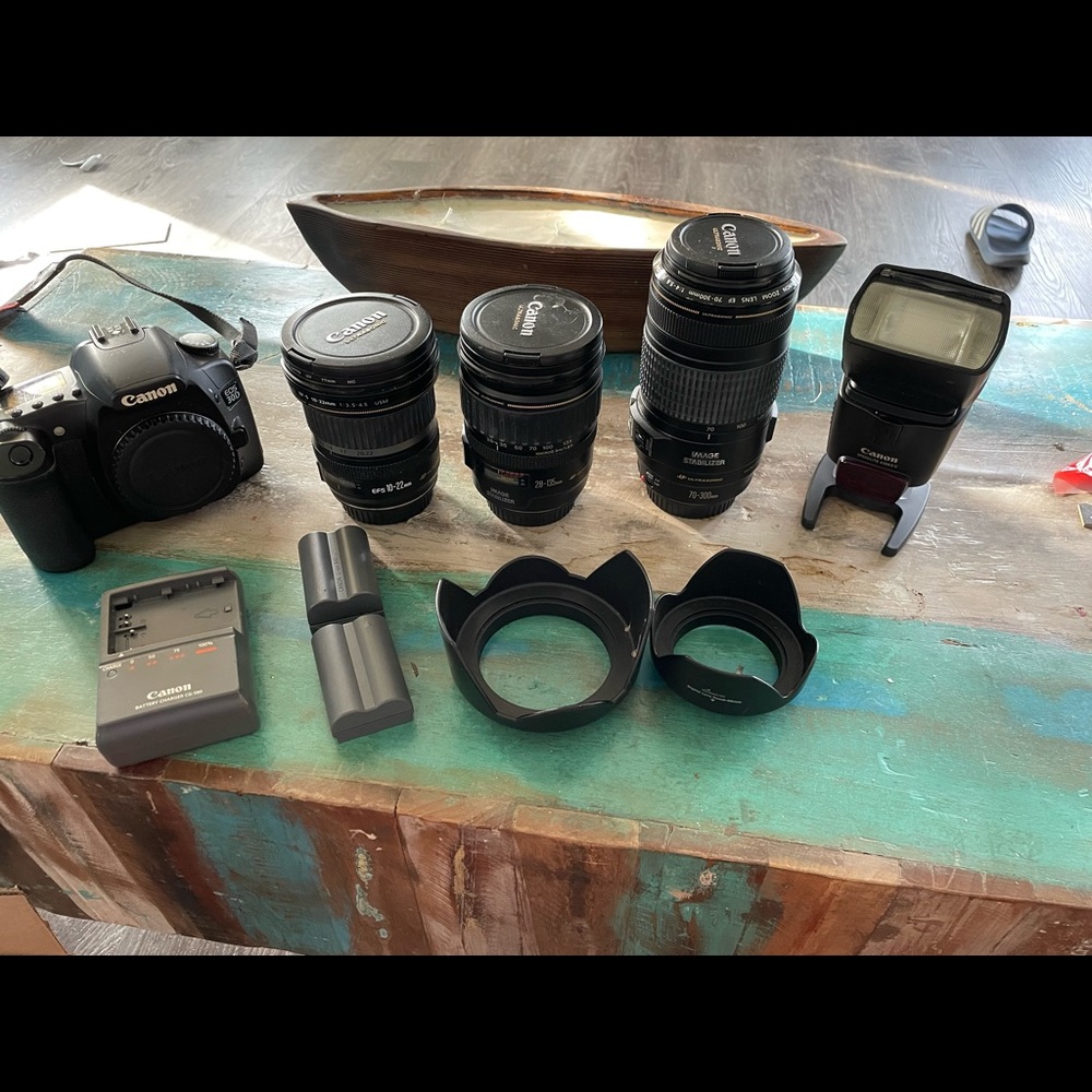 Canon 30D with 3 lenses.